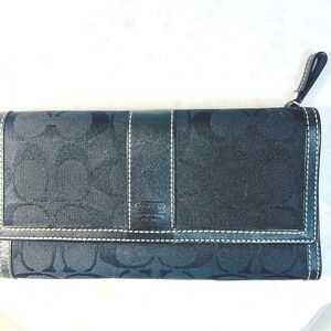 Coach Wallet Purse Check Book Credit Cards ID Black Signature Jacquard Leather
